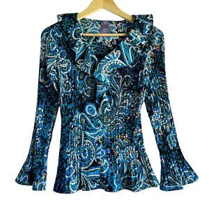 Laura Scott Mod Retro Groovy Art to Wear Ruffle Button Blouse Womens Size MP